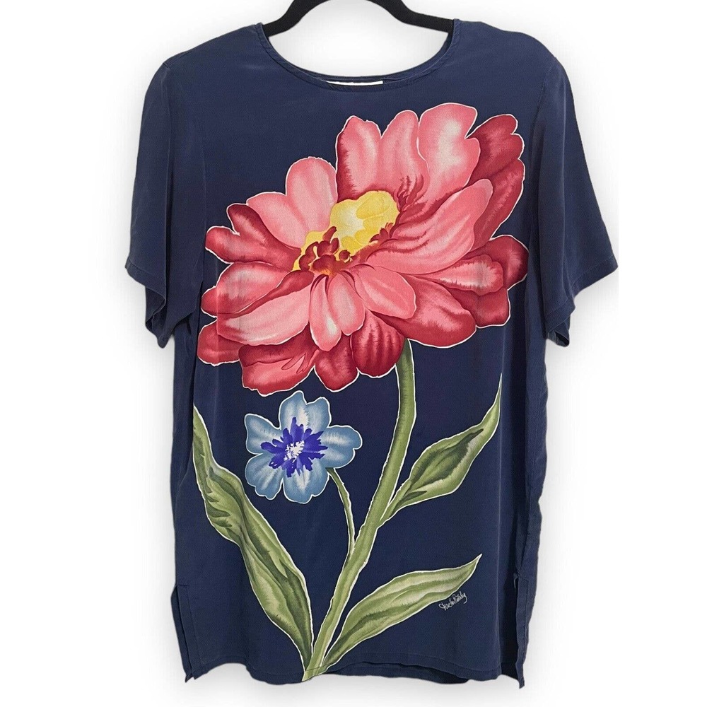 Vintage Diane Von Furstenberg Navy Watercolor Silk Flower Top Blouse Signed XS